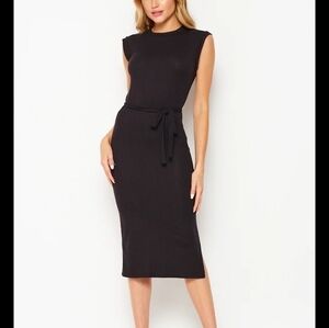 Velvet Torch Belted Side Slit Ribbed Midi Sleeveless Dress Black Large